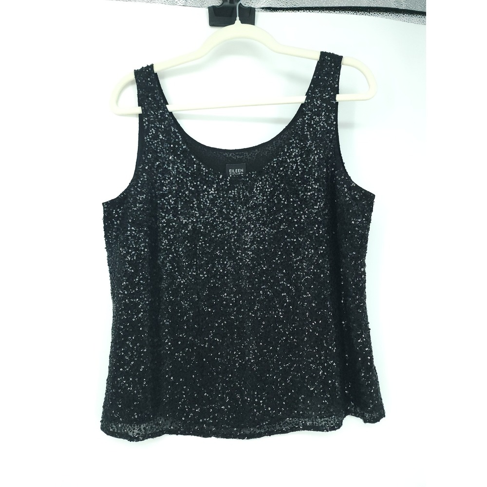 Eileen Fisher 100% Silk Sequin Tank Top Womens M Black Classic Sleeveless Blouse
